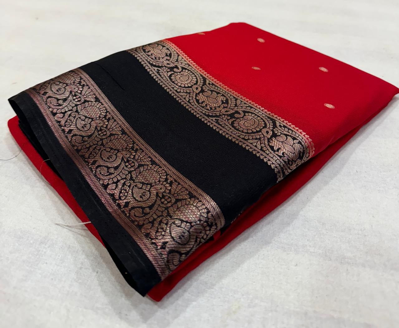 Exclusive Contrast Border Mysore Crepe Silk Saree